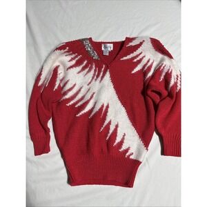 VTG Christine Womens Angora Blend Sweater Sz M Red Beads Shoulder Pads Silver